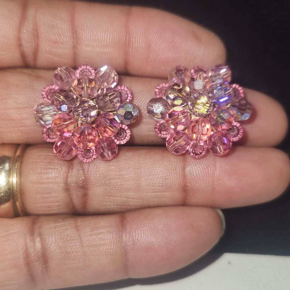 Vintage Pink Aurora Borealis Crystal Bead Cluster Clip On Earrings 1 Inch
